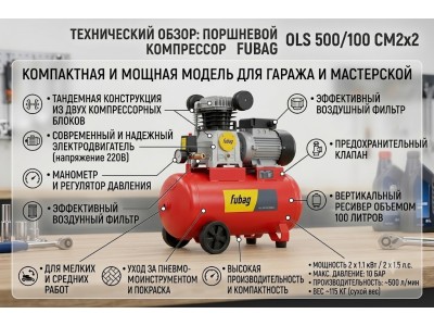 Компрессор FUBAG OLS 500/100 CM2х2: обзор безмасляной модели 500 л/мин