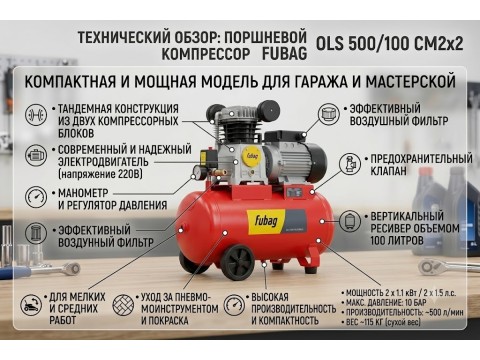 Компрессор FUBAG OLS 500/100 CM2х2: обзор безмасляной модели 500 л/мин