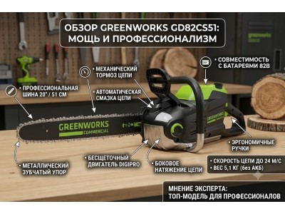 Аккумуляторная пила Greenworks 82V GD82CS51: обзор модели с шиной 51 см