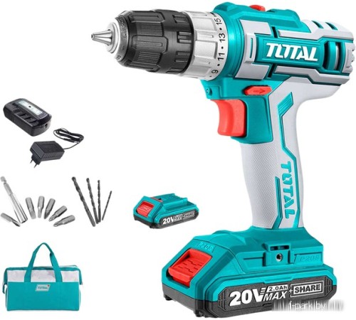Дрель-шуруповерт Total TDLI2002 (с 2-мя АКБ, сумка, набор оснастки)