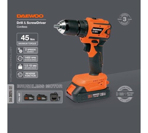 Дрель-шуруповерт аккумуляторная Daewoo Power DAA 3021Li SET (2АКБ и ЗУ)