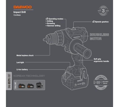 Дрель-шуруповерт аккумуляторная Daewoo Power DAA 6521Li SET (2АКБ и ЗУ)