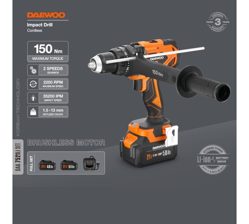 Дрель-шуруповерт аккумуляторная Daewoo Power DAA 7521Li SET (2АКБ и ЗУ)