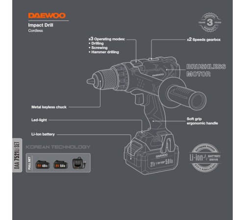 Дрель-шуруповерт аккумуляторная Daewoo Power DAA 7521Li SET (2АКБ и ЗУ)