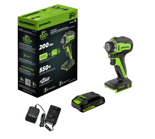 Гайковерт ударный аккумуляторный Greenworks 24V G24IW200 (1 АКБх2Ач и ЗУ)