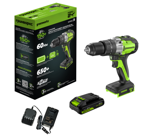 Дрель-шуруповерт ударная аккумуляторная Greenworks 24V GD24DD60 (1хАКБ 2Ач и ЗУ)