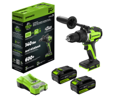 Дрель-шуруповерт ударная аккумуляторная Greenworks 24V GD24DD140 (2хАКБ 4Ач и ЗУ)