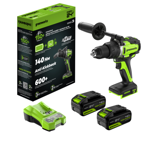 Дрель-шуруповерт ударная аккумуляторная Greenworks 24V GD24DD140 (2хАКБ 4Ач и ЗУ)