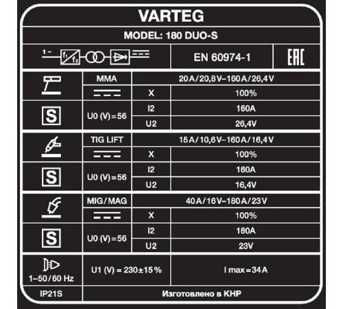 Сварочный полуавтомат FoxWeld VARTEG 180 DUO-S