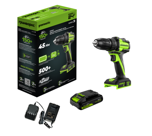 Дрель-шуруповерт аккумуляторная Greenworks 24V DD345 (АКБ 2Ач и ЗУ)