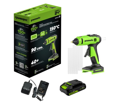 Пистолет клеевой аккумуляторный Greenworks 24V G24GLG (1хАКБ 2Ач и ЗУ)
