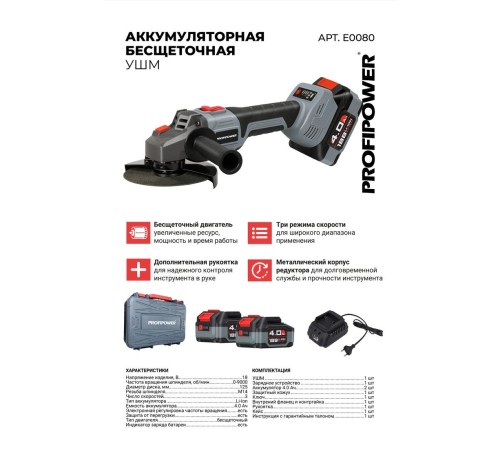 Угловая шлифмашина аккумуляторная ProfiPower MKDGA-20V E0080 (2хАКБ и ЗУ)