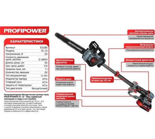 Пила аккумуляторная ProfiPower PL-12 E0285 (2хАКБ и ЗУ)