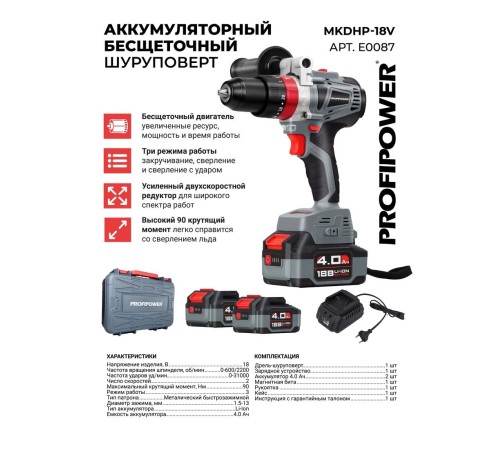 Ударная дрель-шуруповерт аккумуляторная ProfiPower MKDHP-20V E0087 (2хАКБ и ЗУ)