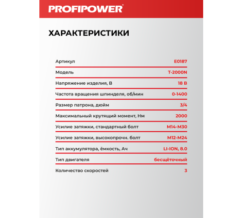 Гайковерт аккумуляторный ProfiPower T-2000N (АКБ и ЗУ)