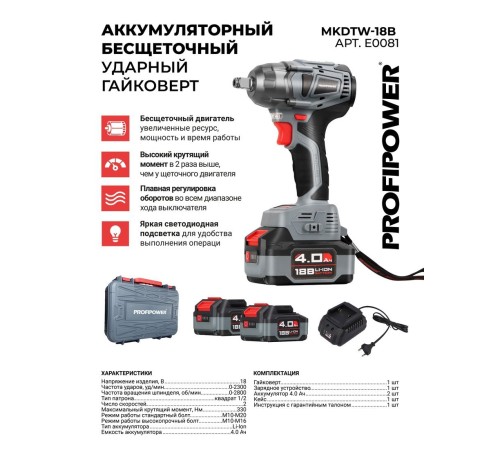 Гайковерт аккумуляторный ProfiPower MKDTW-18B (2хАКБ и ЗУ)